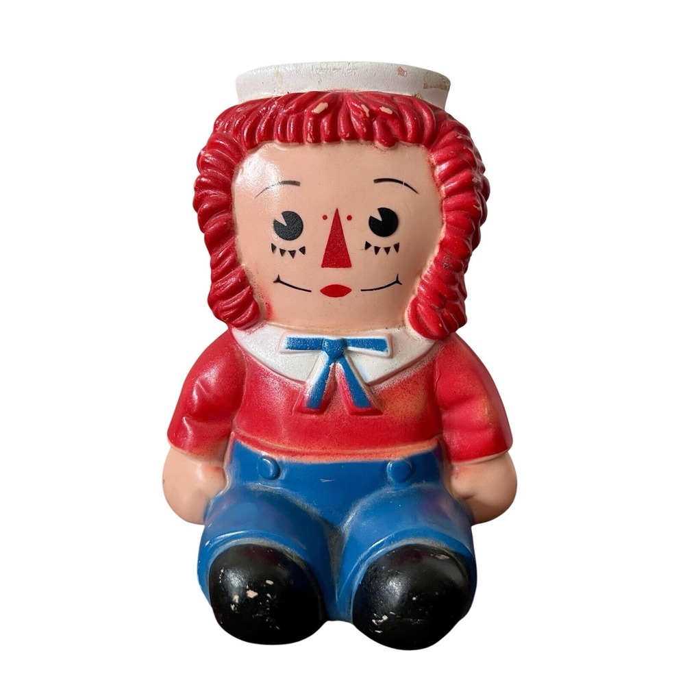 Vintage Raggedy Andy Vinyl Piggy Bank Play Pal Plastics Bobbs-Merrill Co USA 7in